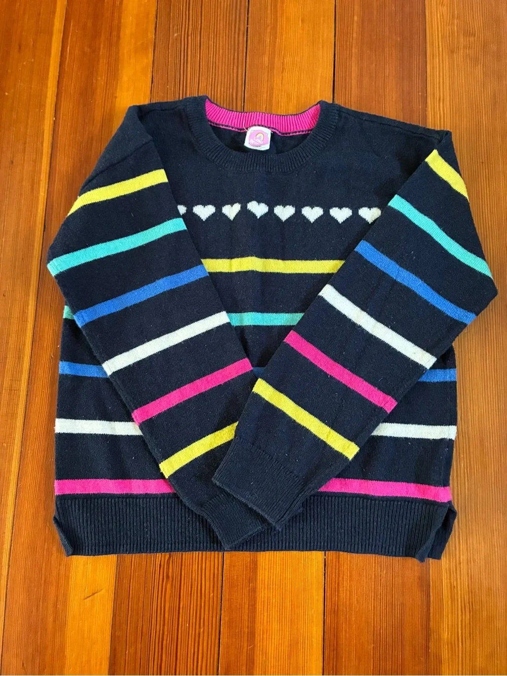 GAP Navy Blue Knit Sweater with Multicolor Stripes & Heart Detail